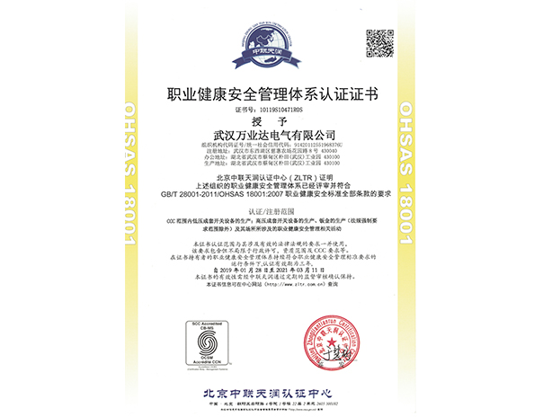 職業(yè)健康安全管理體系認(rèn)證證書